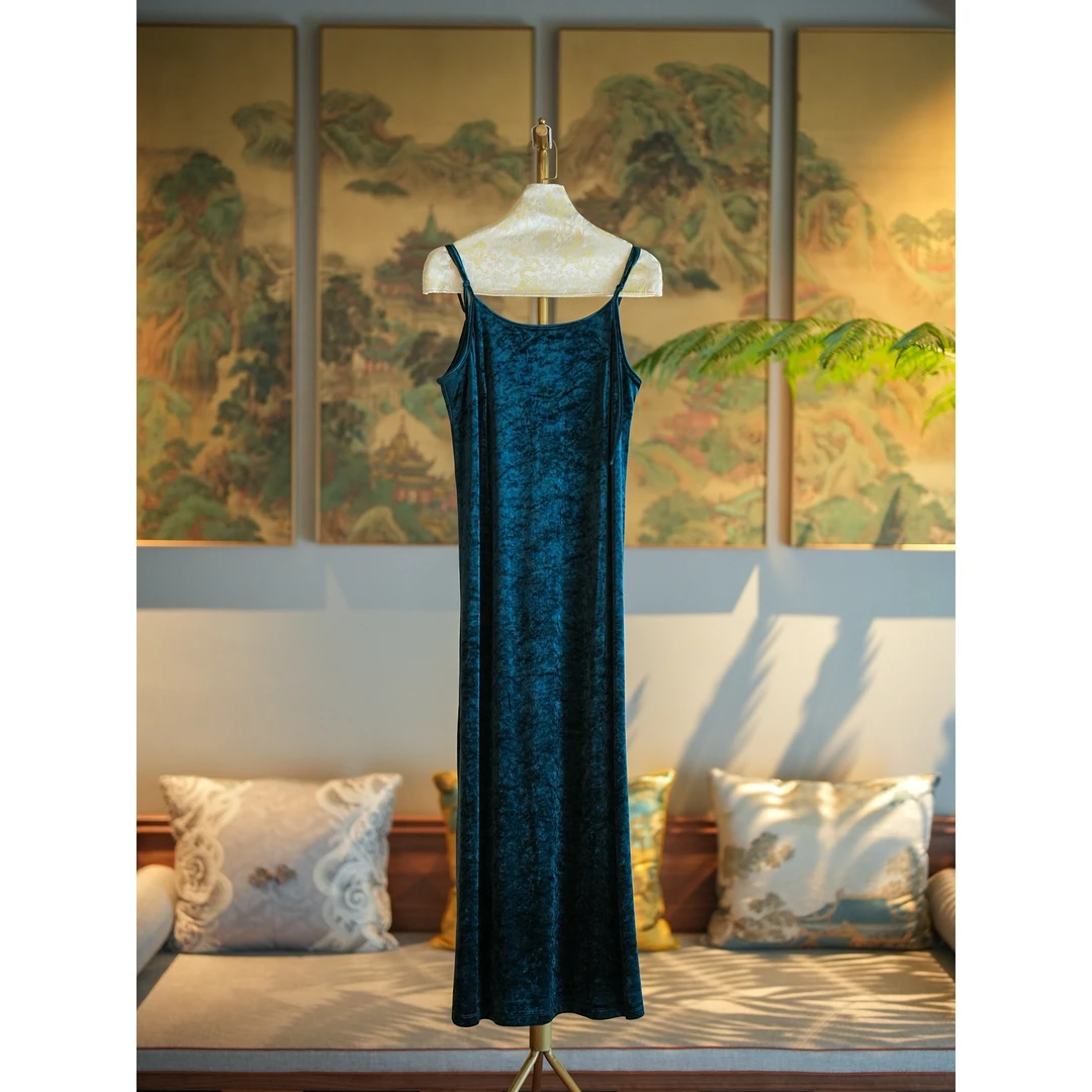 蓝大【梵境】新中式醋酸秋冬蓝色吊带裙6976