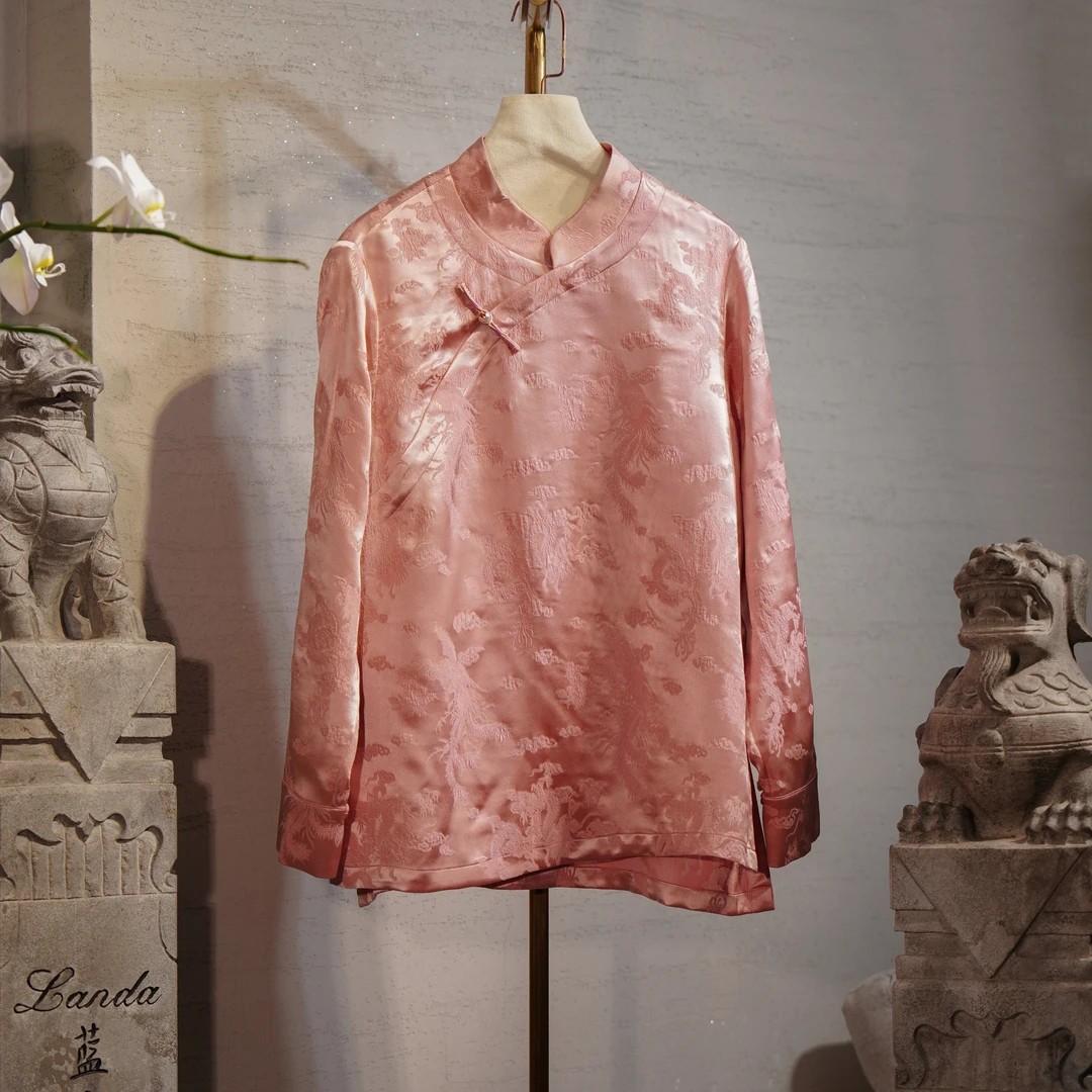 蓝大【清雅影】桑蚕丝长袖上衣气质春季复古斜襟女士9838（子凡）