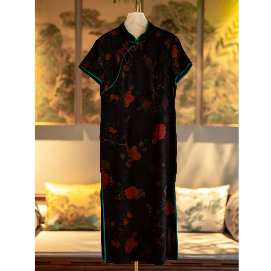 蓝大【叶紫】桑蚕丝香云纱旗袍连衣裙6423