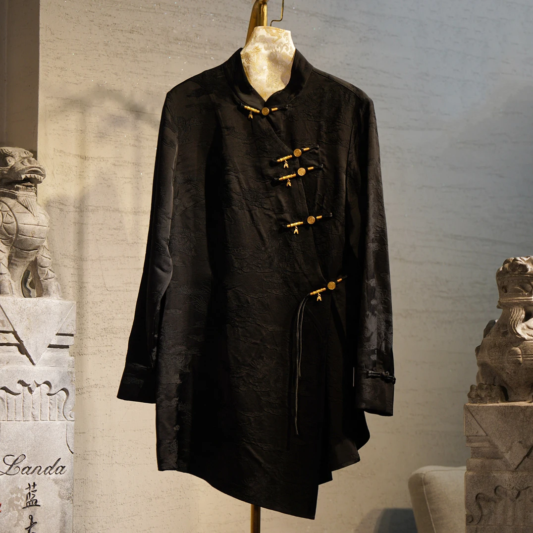 蓝大【龙吟】醋酸中国风长袖上衣提花双面斜襟黑色6078重磅复古