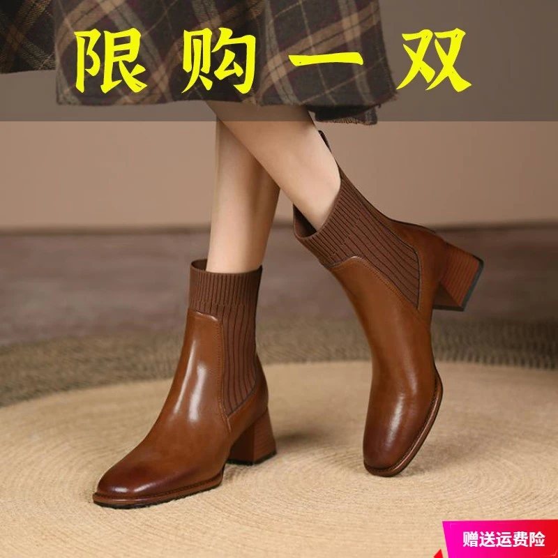 牌全牛皮短靴女新款软皮靴子2023秋冬款单靴时尚洋