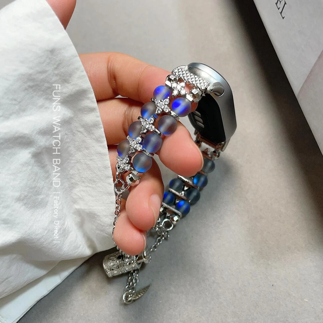 适用于小米手环8/9双排带钻暗蓝水晶手链表带华为手环8/9轻奢FIT