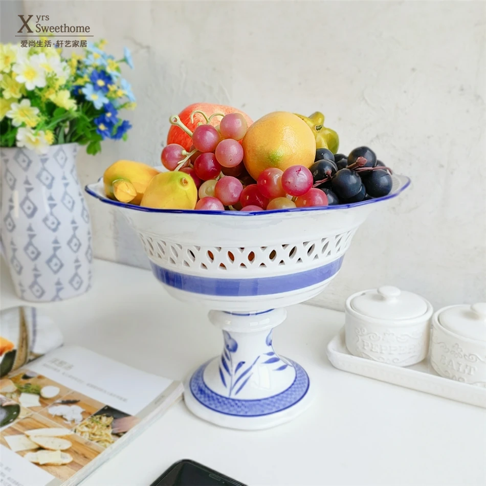 外单陶瓷大果盆 青花大果碗 镂空高脚碗釉下彩手绘花卉收纳碗大款