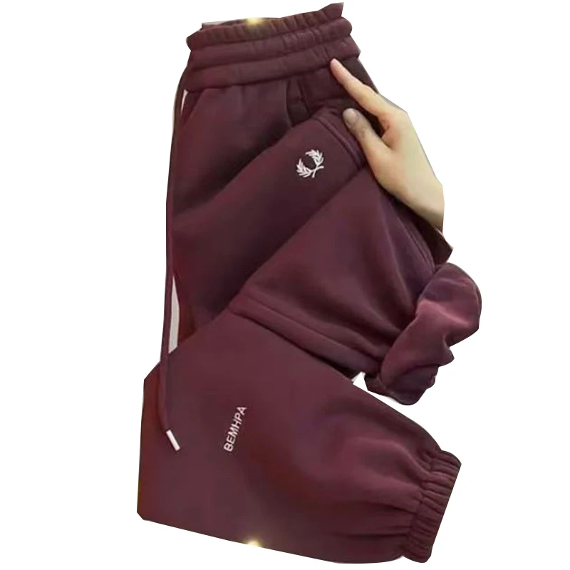 冬季新款加绒束脚裤休闲卫裤女宽松高腰刺绣图案哈伦裤运动裤潮