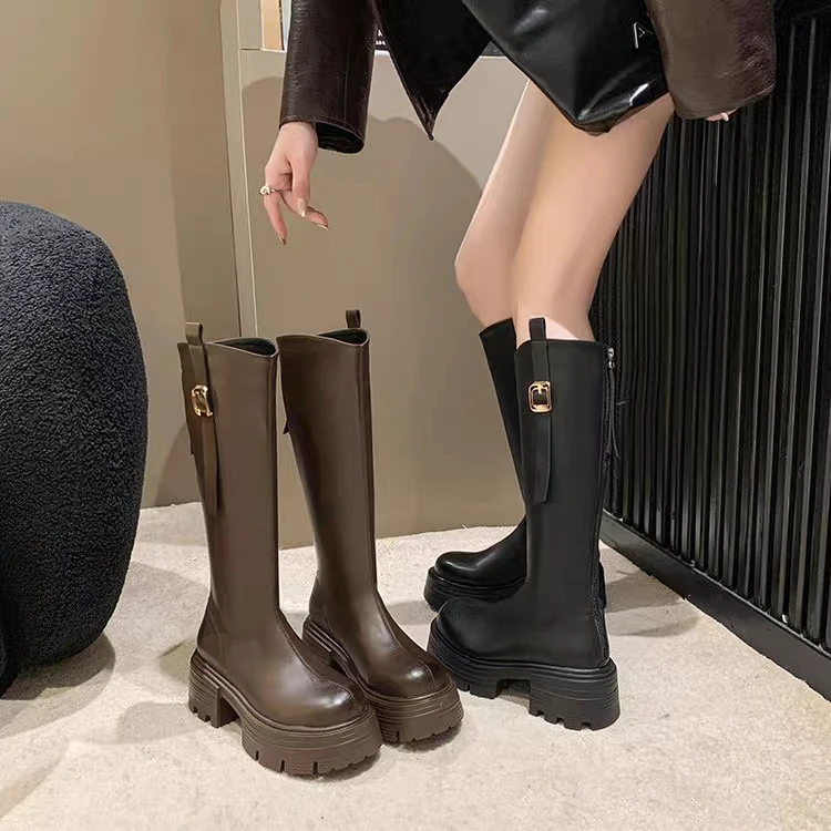 【李胖胖】小个子不过膝长靴女2024秋款后拉链粗跟圆头厚底高筒长靴