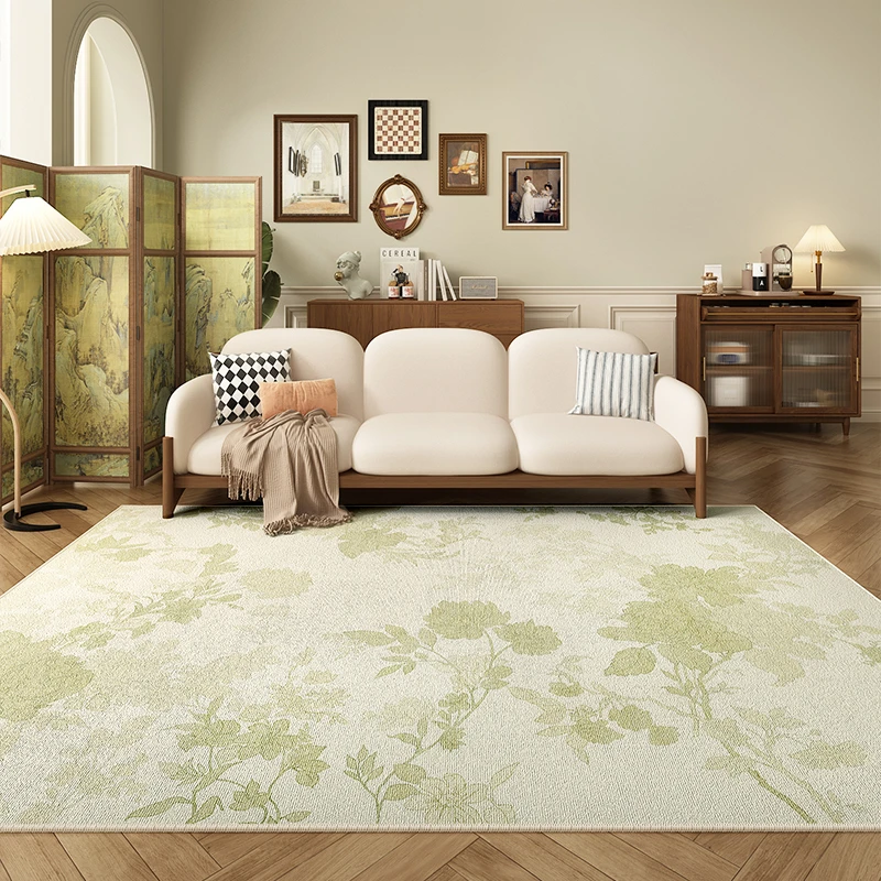 2024新款绿色地毯客厅高级感可擦免洗沙发毯复古花朵卧室床边地垫