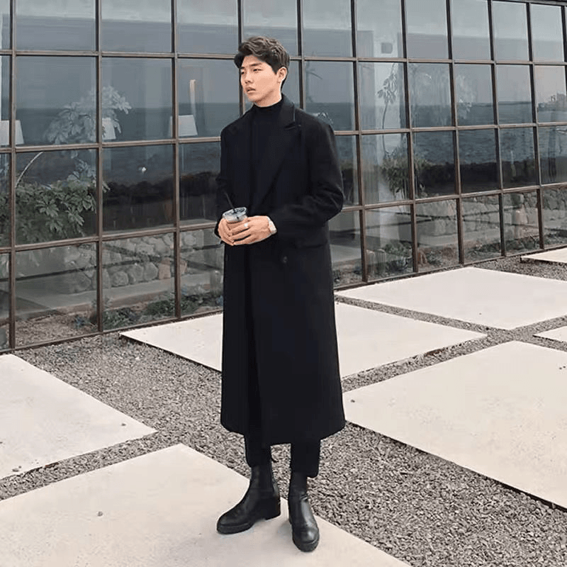 小扬荐韩版毛呢西装大衣男装长款过膝加厚风衣秋冬新款黑色毛呢外