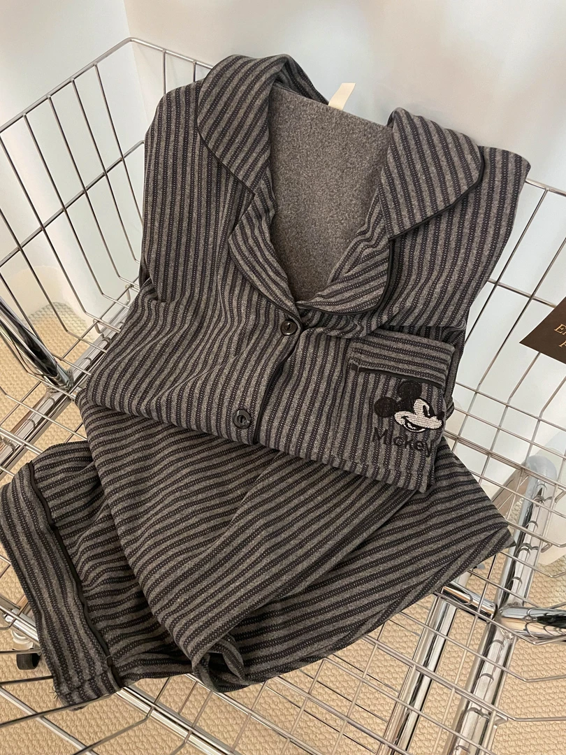 【韩版米奇】条纹卡通印花德绒睡衣女冬季2024长袖长裤家居服套装