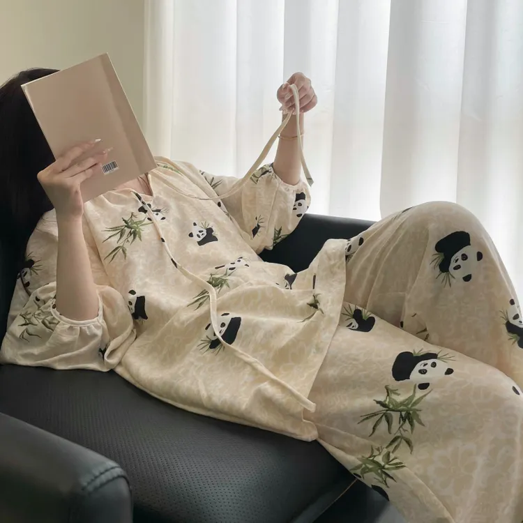 网红国风熊猫印花绵绸睡衣女套装夏季款新款休闲薄款可外穿家居服