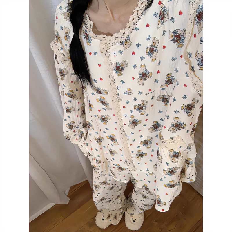 韩版蕾丝花边小熊印花居家睡衣女套装夏季新款可爱长袖长裤家居服