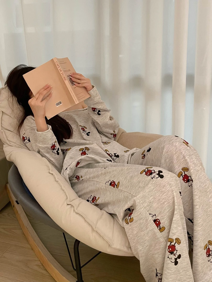 【卡通米奇】韩版设计感露肩睡衣女套装春秋季新款大码外穿家居服