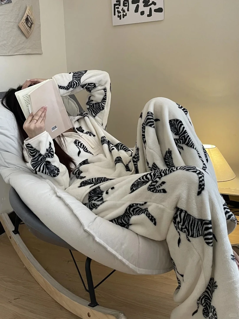 【法式豹纹】秋冬季新款法兰绒睡衣女加绒加厚保暖舒适可外穿家居服