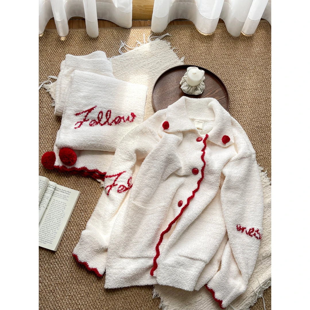 【甜美口袋】少女针织半边绒开衫睡衣女套装秋冬新款加厚保暖家居服