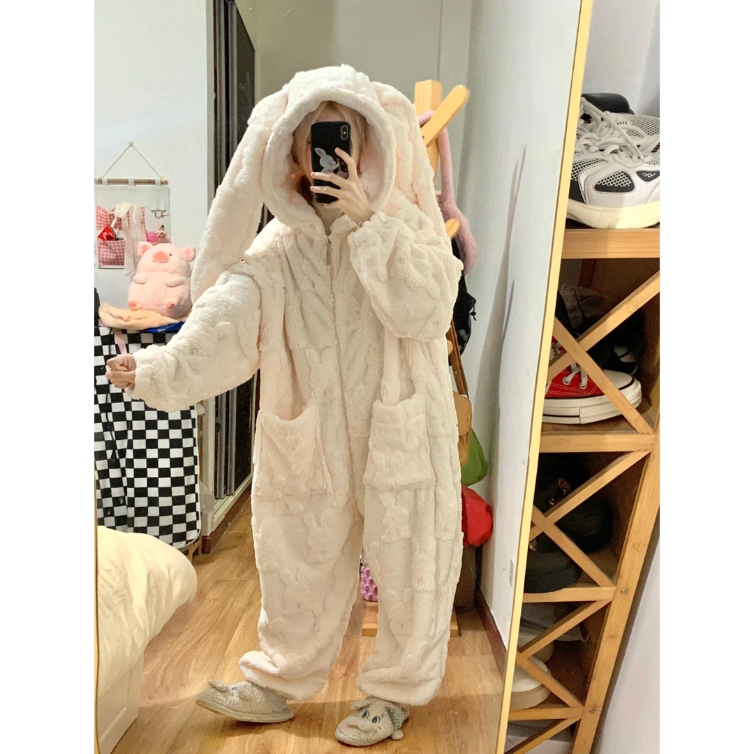 【连体小兔子】可爱提花珊瑚绒睡衣女秋冬季加绒加厚一体式家居服