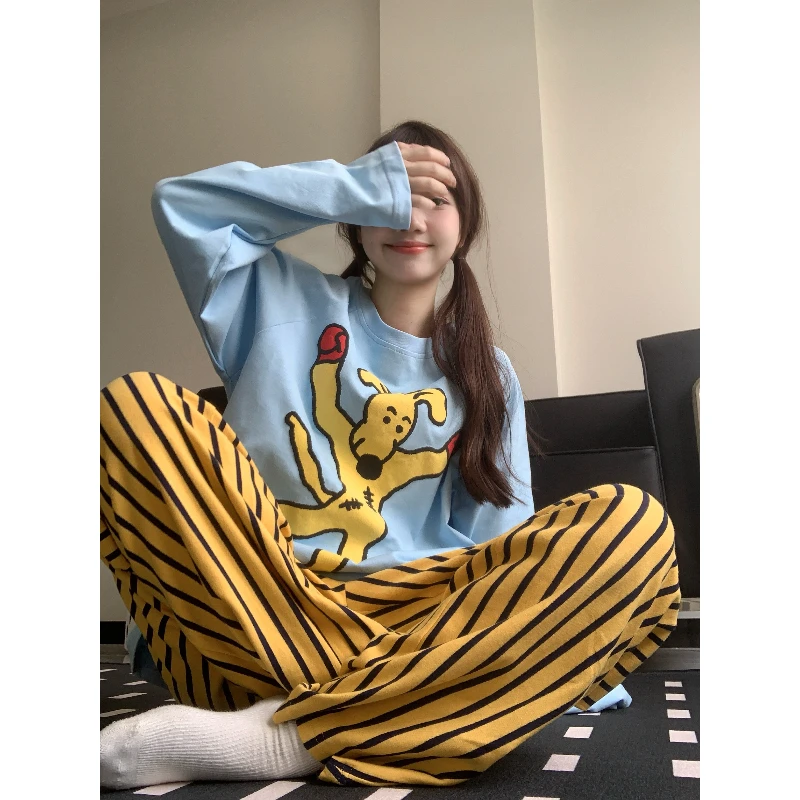ins风趣味拳击小狗印花睡衣女套装春秋季新款长袖条纹长裤家居服