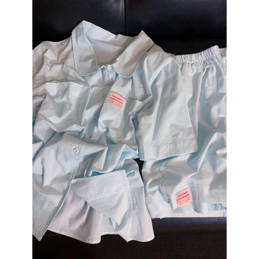 韩版baby蓝短袖睡衣女夏季薄款宽松开衫短裤家居服大码套装可外穿