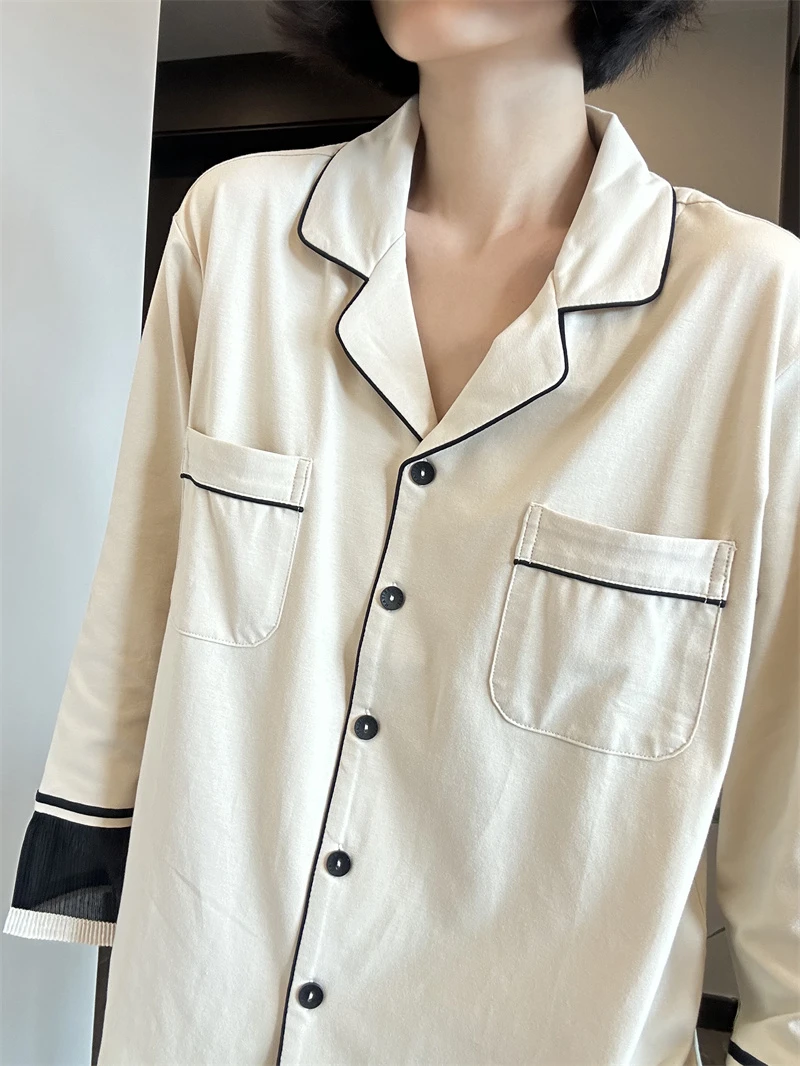 【舒适居家】韩版拼接设计睡衣女套装春秋季薄款翻领长袖长裤家居服