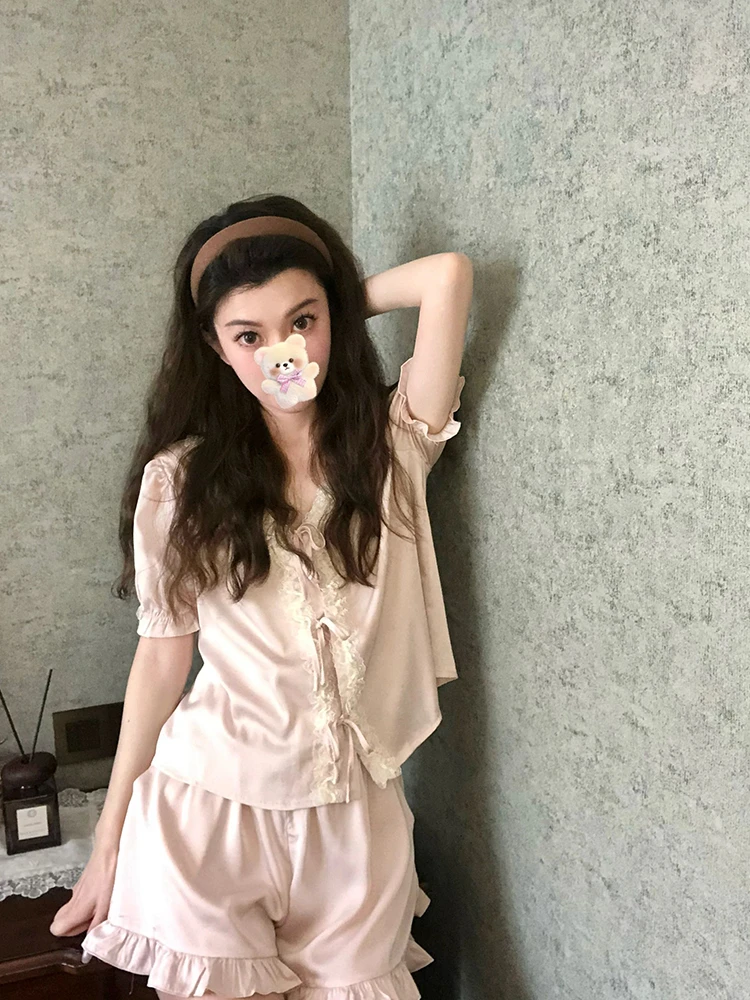 法式尤莱特穿搭气质花边短袖冰丝睡衣女套装夏天宽松舒适家居服