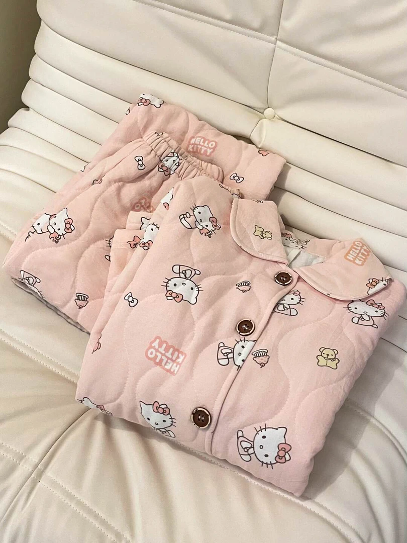 【甜美kitty】新款可爱卡通空气棉睡衣女秋冬加厚家居服可外穿套装