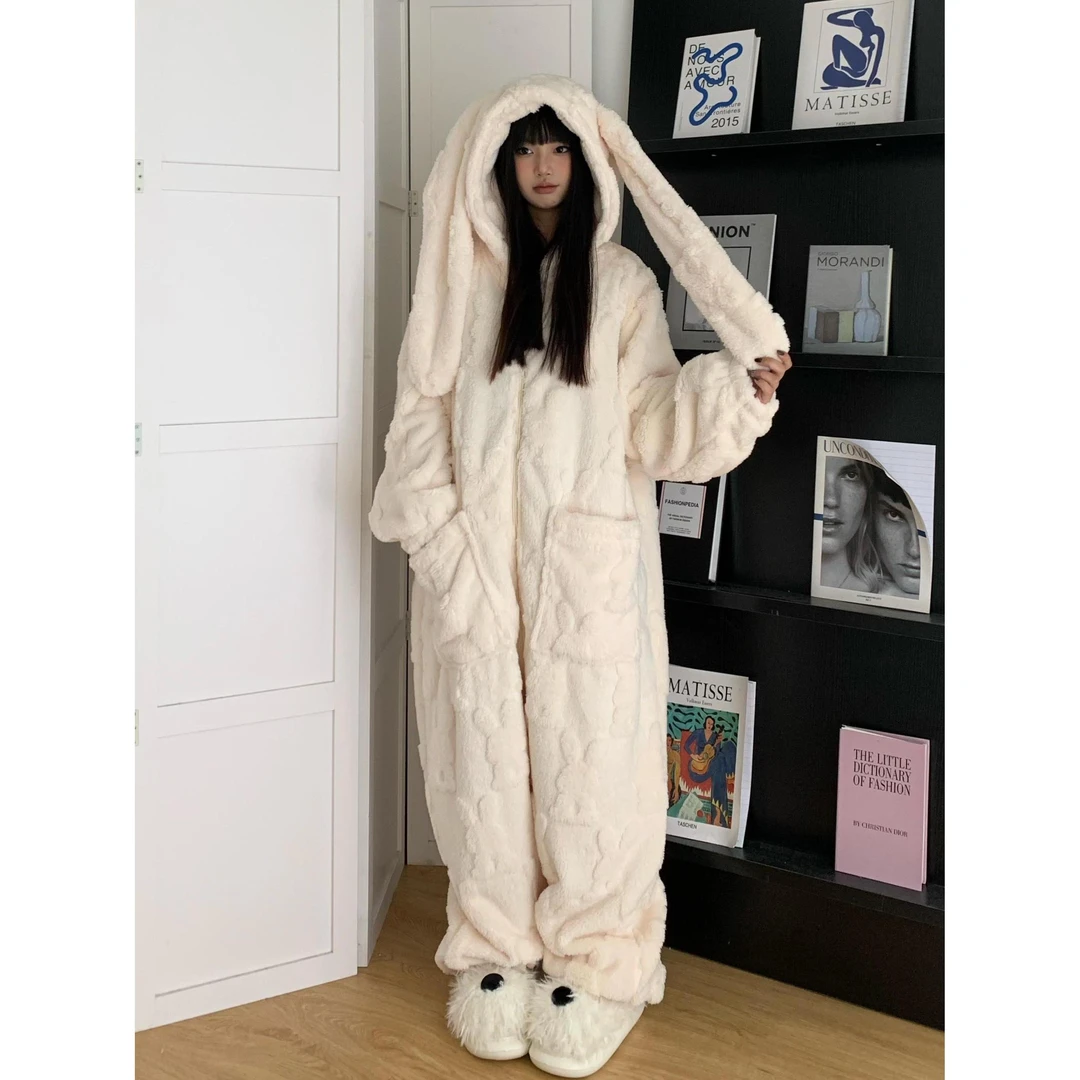 【兔子提花】可爱珊瑚绒睡衣秋冬款女生加绒加厚连帽家居服连体衣