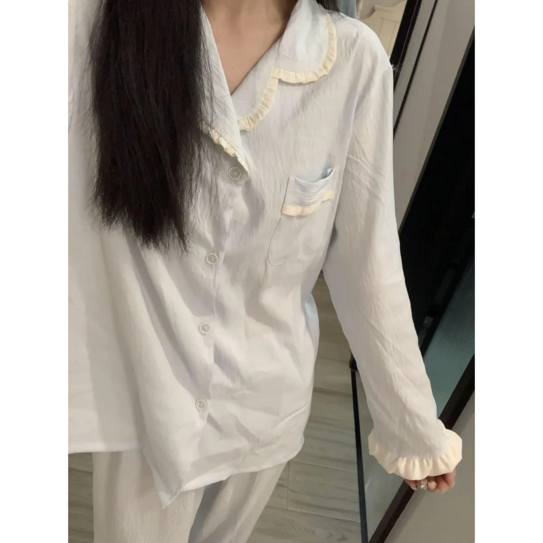 【花边baby蓝】甜美软糯糯亲肤长袖睡衣女套装秋季新款大码家居服