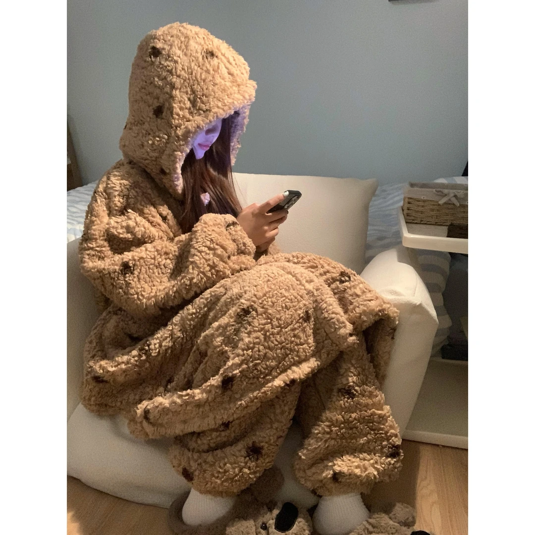 【毛茸波点】雅丹风可爱少女睡衣女套装冬季加绒加厚睡袍长裤家居服