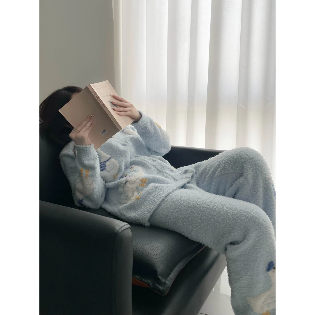 【大白鹅】毛绒可爱半边绒睡衣女套装冬季新款加绒加厚外穿家居服