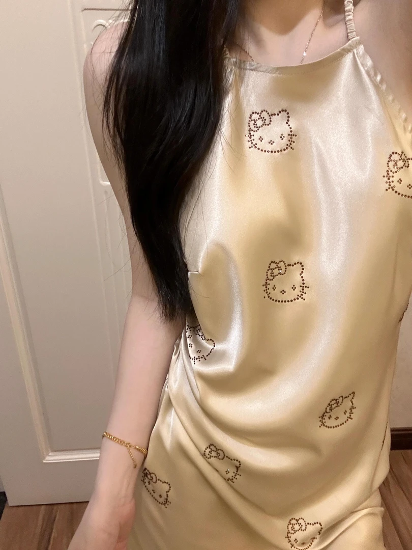 韩版hellokitty冰丝睡衣女士无袖吊带睡裙女夏季家居服显瘦连衣裙