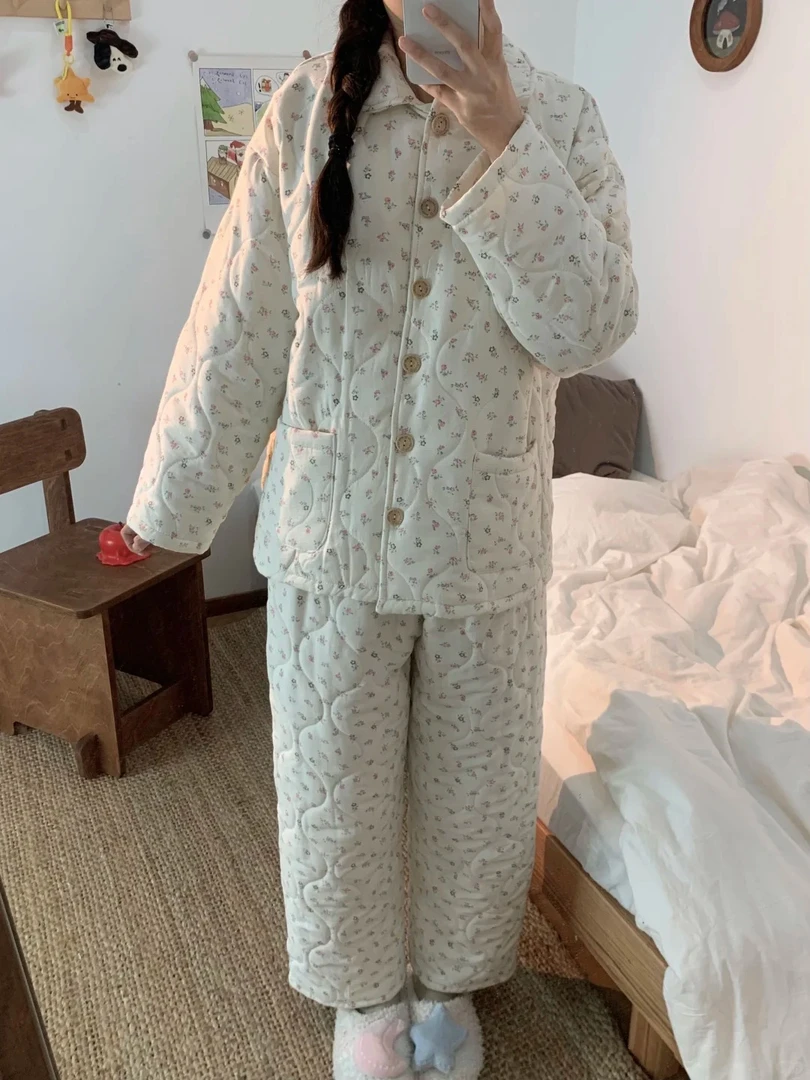 【甜美碎花】新款少女夹棉睡衣女冬季加厚休闲保暖搭子家居服套装