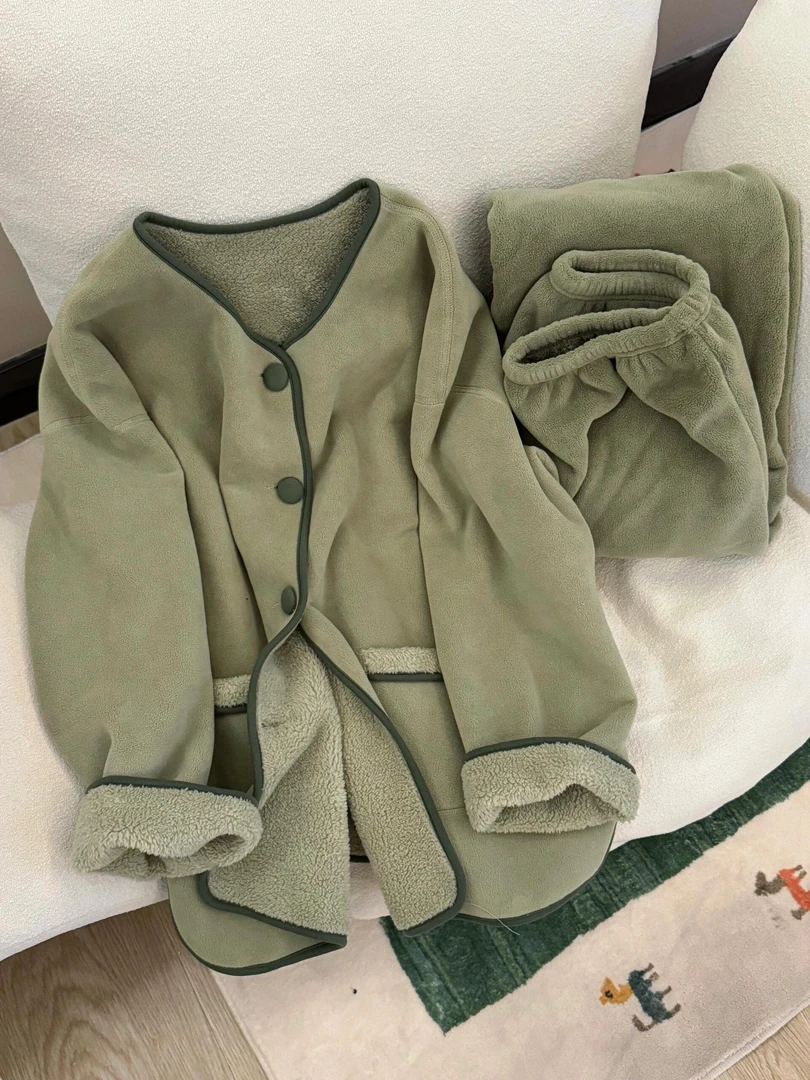 【抹茶绿小香风】可外穿珊瑚绒长袖睡衣女套装秋冬季加厚毛绒家居服