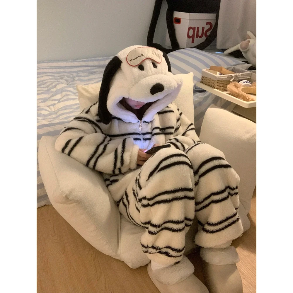 【条纹小狗】可爱连帽珊瑚绒睡衣女冬季长袖长裤保暖家居服套装女