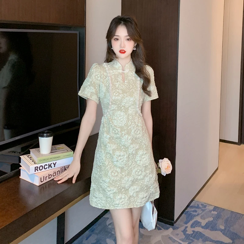 2023女夏季新款新中式复古提花气质改良版旗袍显瘦连衣裙蕾丝修身