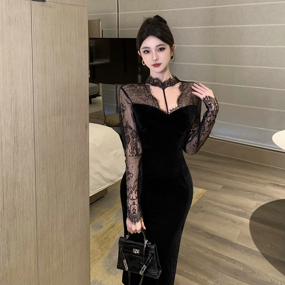 气质名媛蕾丝拼接礼服包臀连衣裙女秋冬季高级感修身显瘦丝绒裙子