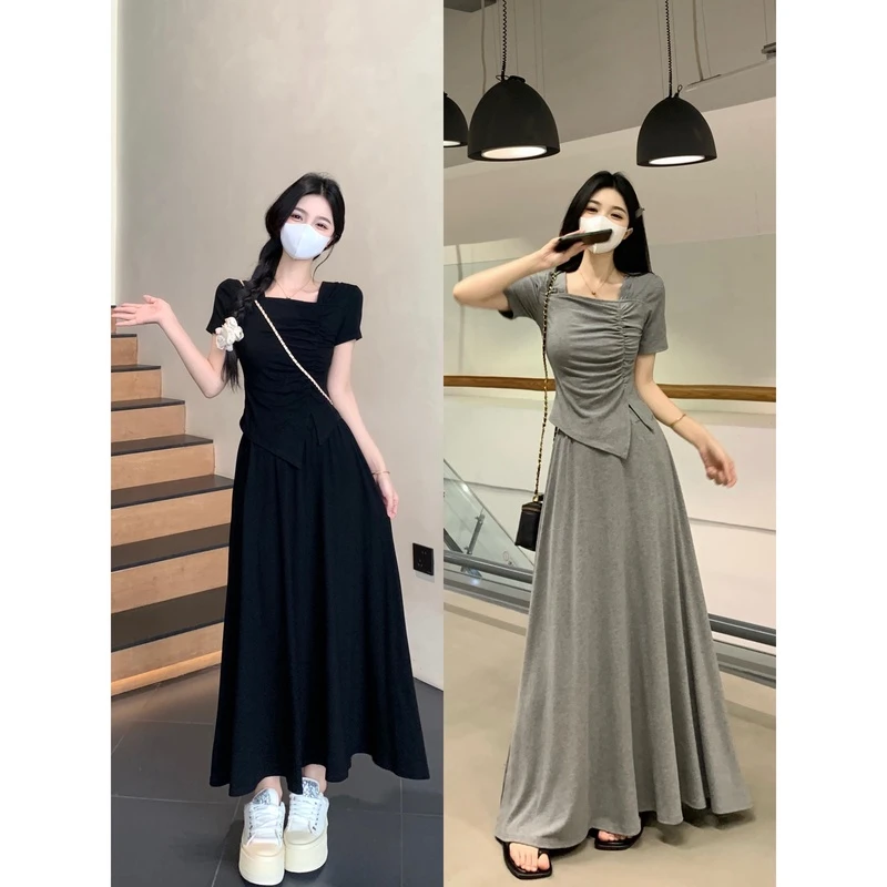 气质大码夏季穿搭一整套不规则方领t恤上衣女半身裙子两件套装女