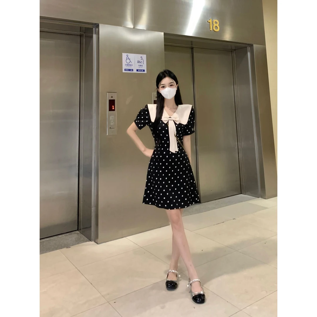 大码女装胖mm蝴蝶结波点印花长款收腰连衣裙新款夏季气质短款裙子