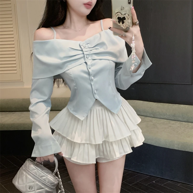 休闲时尚纯欲一字肩设计吊带褶皱长袖衬衫百褶半身裙女秋季两件套