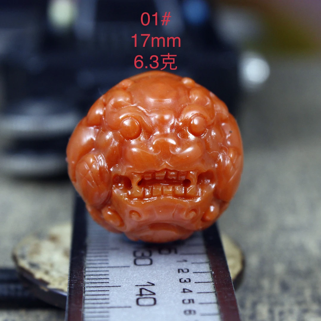 天然南红玛瑙雕刻圆珠貔貅兽头横孔满肉凉山柿子红顶珠配饰退换