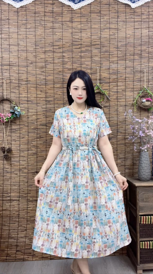 W152#夏季新款妈妈装修身短袖裙子休闲显瘦中长款女装连衣裙