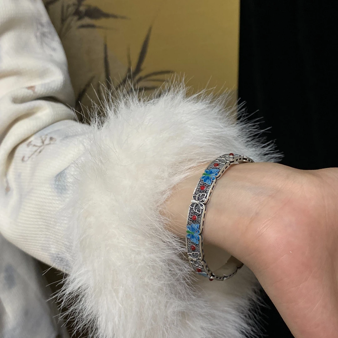 足银手镯 梦里寻花蝶足银999.9做旧珐琅彩手镯