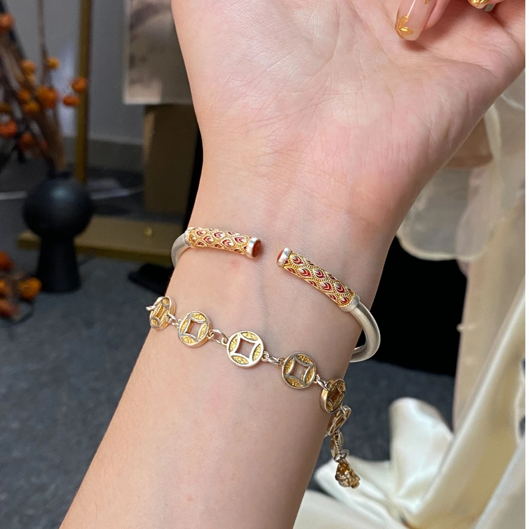 足银珐琅手镯 燕归“红凤羽”足银999.9开口可调节手镯冬季百搭