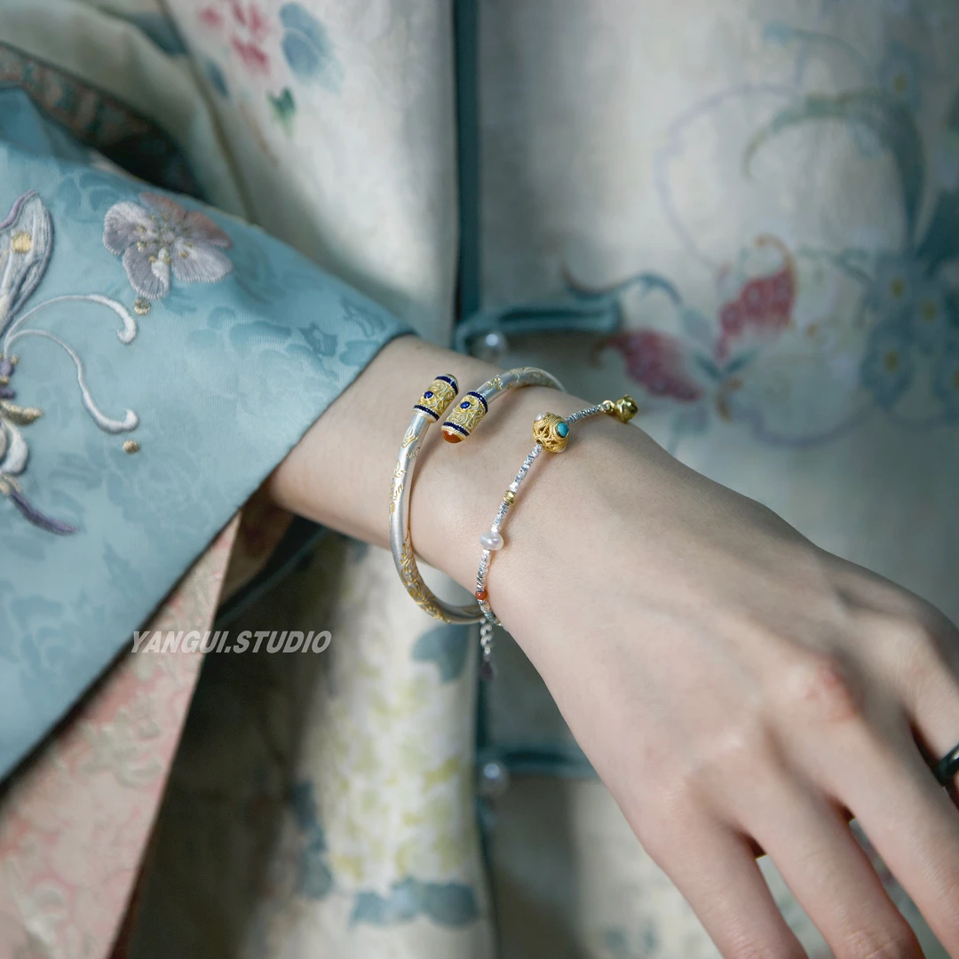 足银手镯 「梨香炉」新中式国风纯银足银999.9实心手镯26g