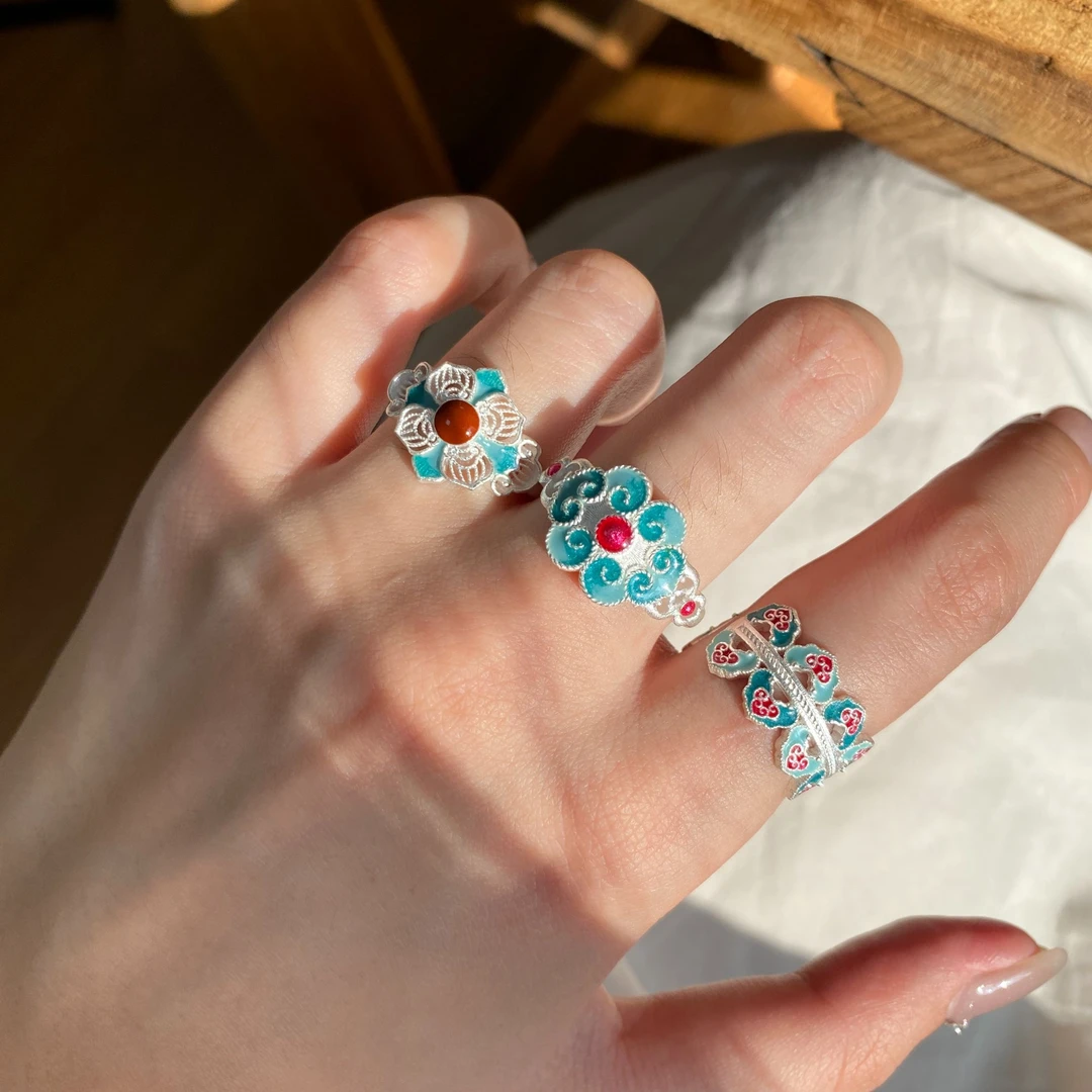 足银珐琅戒指 燕归yangui“如梦令” 足银999.9 清新宫廷戒指