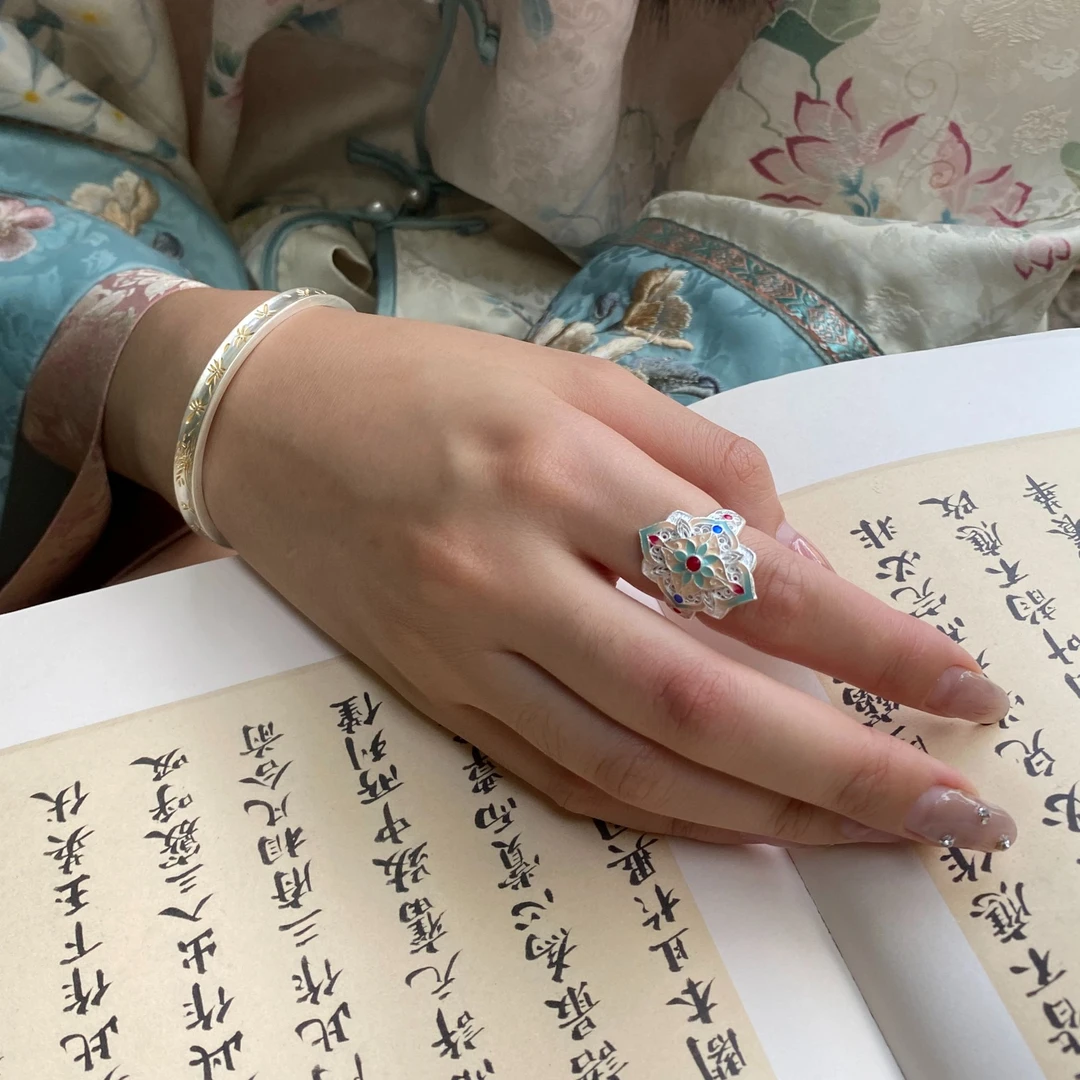 足银珐琅戒指 燕归yangui“禧春宫”足银999.9 实心5g活口复古戒指