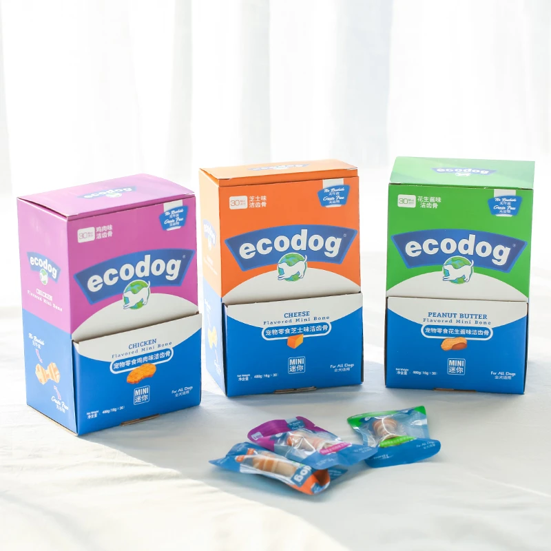 ecodog无牛皮无谷物磨牙棒鸡肉味花生酱味芝士味迷你洁齿骨30支