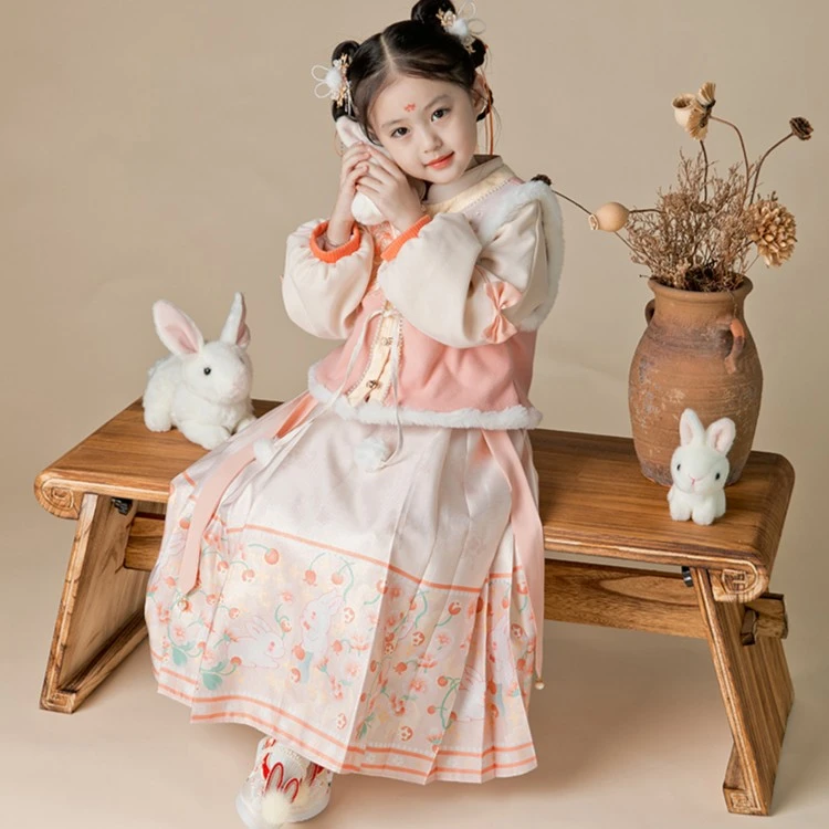 女童汉服拜年套装儿童冬装加绒加厚三件套民族风中国风过年服唐装