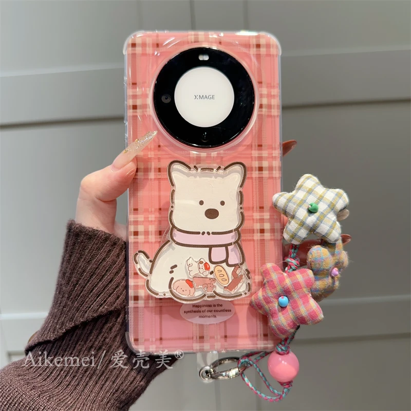 适用华为mate60pro+手机壳粉棕格纹pura70pro+西高地摇摇乐支架女