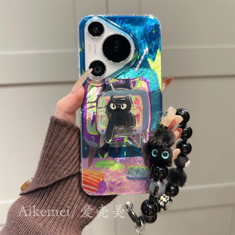 适用华为pura70pro+手机壳p60pro卡通黑猫nova12电视机支架荣耀90