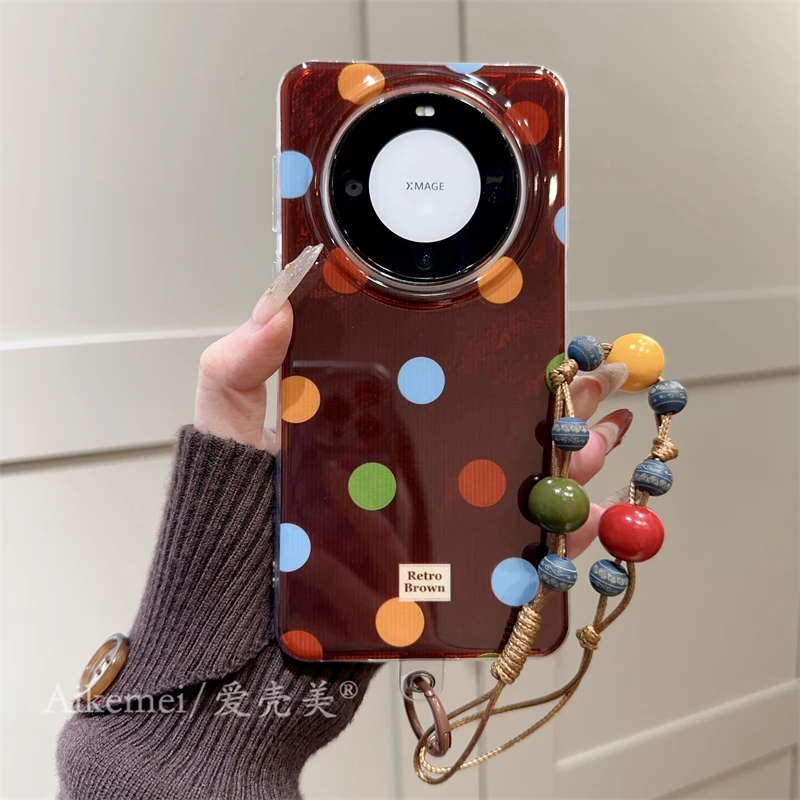 适用华为mate60pro+新款手机壳pura70pro+秋冬简约彩色波点链条女