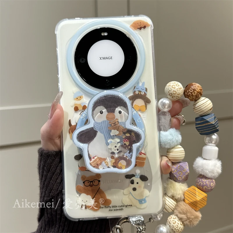 适用华为mate70pro+手机壳冬日围巾mate60pro+企鹅小熊摇摇乐支架
