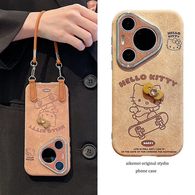 适用华为pura70pro手机壳p60pro秋冬复古棕色p70pro滑板Kitty猫女